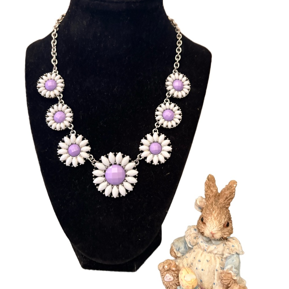 Purple & White Floral Statement Necklace - Women Jewelry